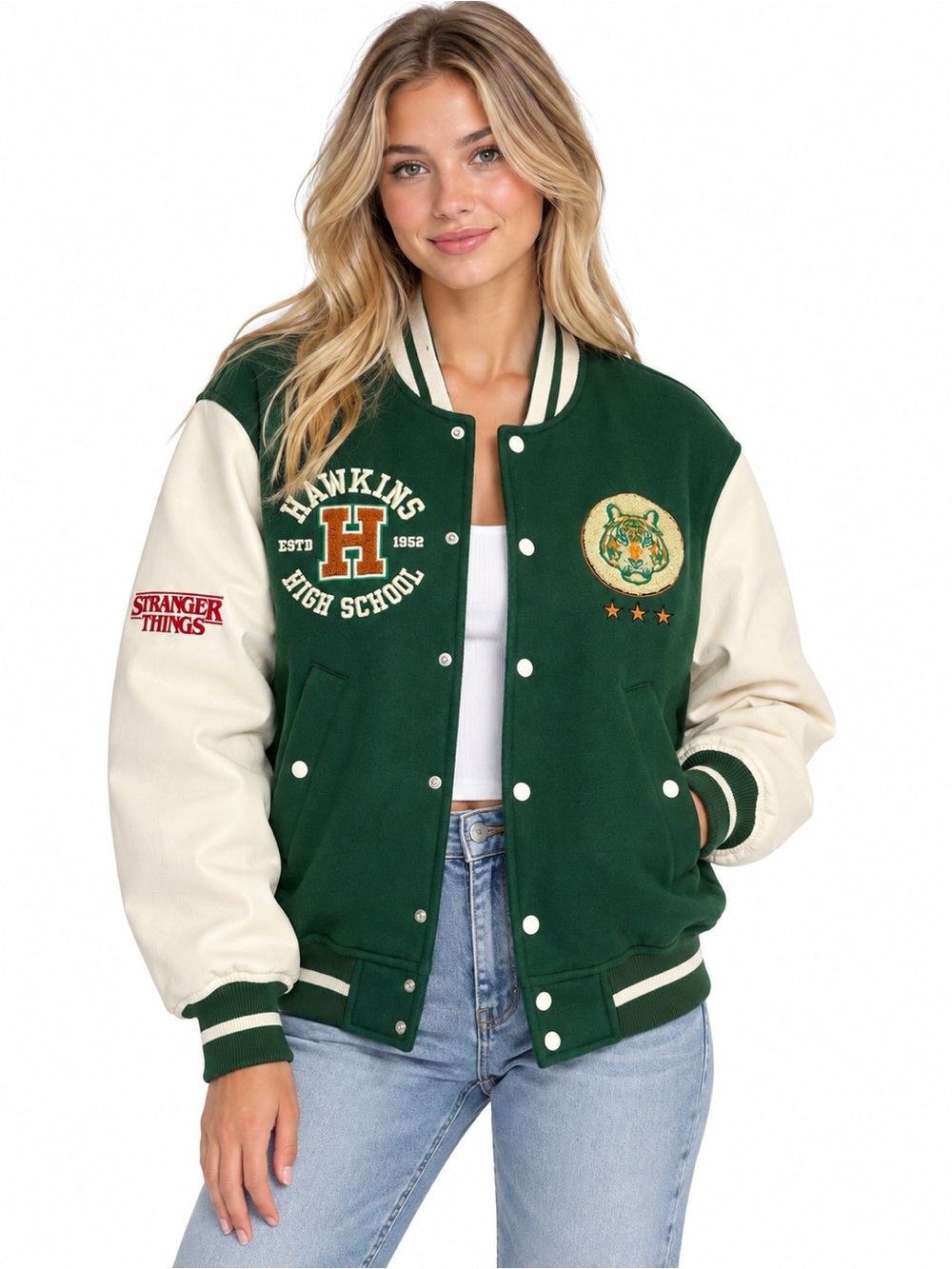 H&M Stranger Things Green and Cream Varsity Jacket with Embroidered Patches